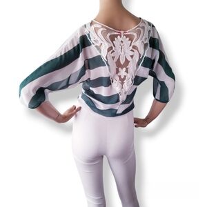 Vivace Green & White Striped Front Knot Lace Back Panel Blouse